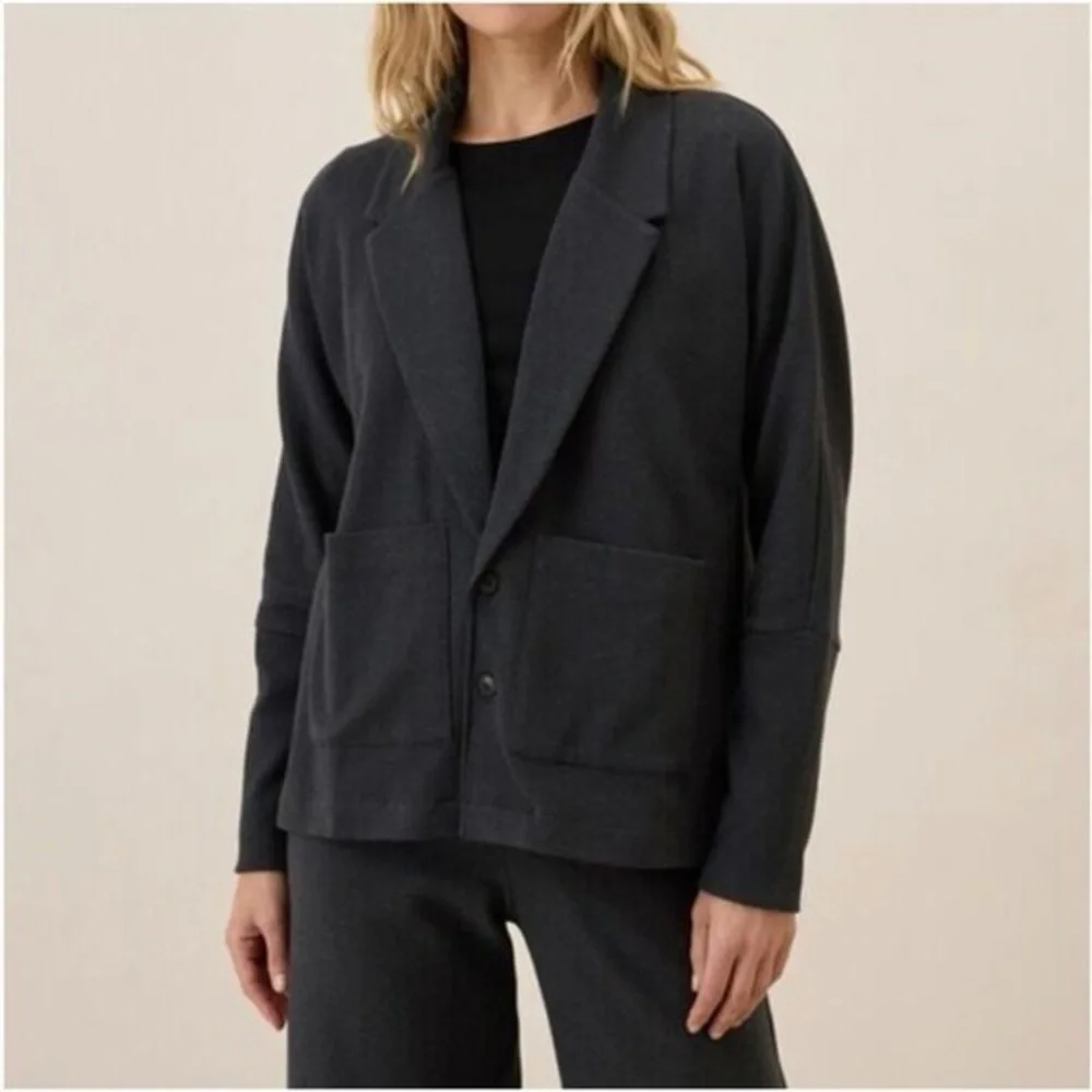 Pact Organic Cotton Airplane Relaxed Blazer Sweater Black Button Front Comfort